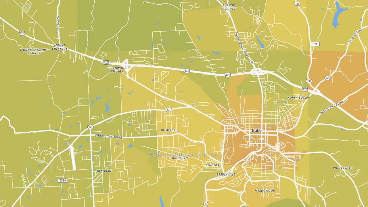 Map of the best neighborhoods in the Homeacre-Lyndora area, with better matches in green and worse matches in red