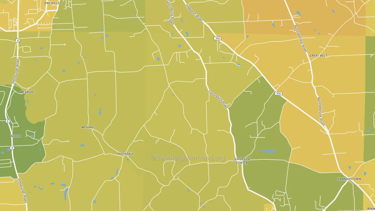 Map of the best neighborhoods in the Homeacre area, with better matches in green and worse matches in red