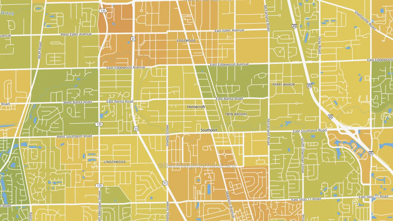 Map of the best neighborhoods in the Homecroft area, with better matches in green and worse matches in red