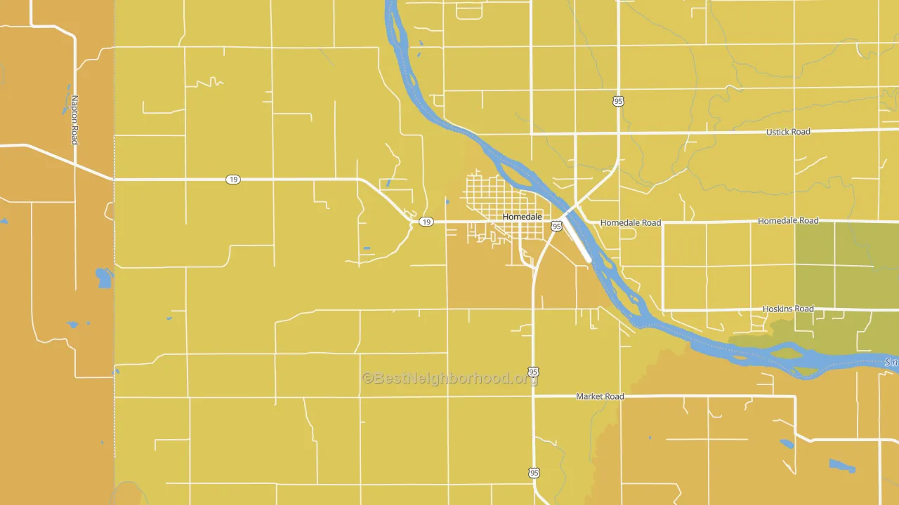 Map of the best neighborhoods in the Homedale area, with better matches in green and worse matches in red