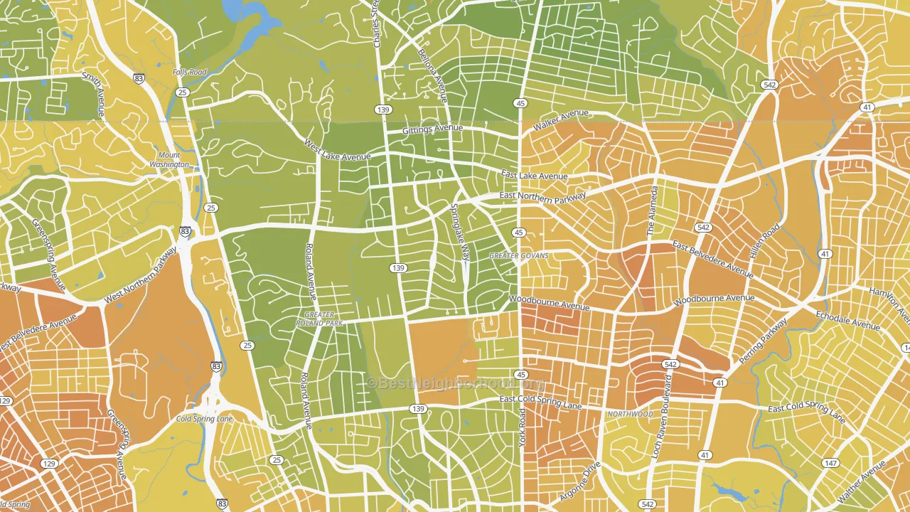 Map of the best neighborhoods in the Homeland, Baltimore area, with better matches in green and worse matches in red