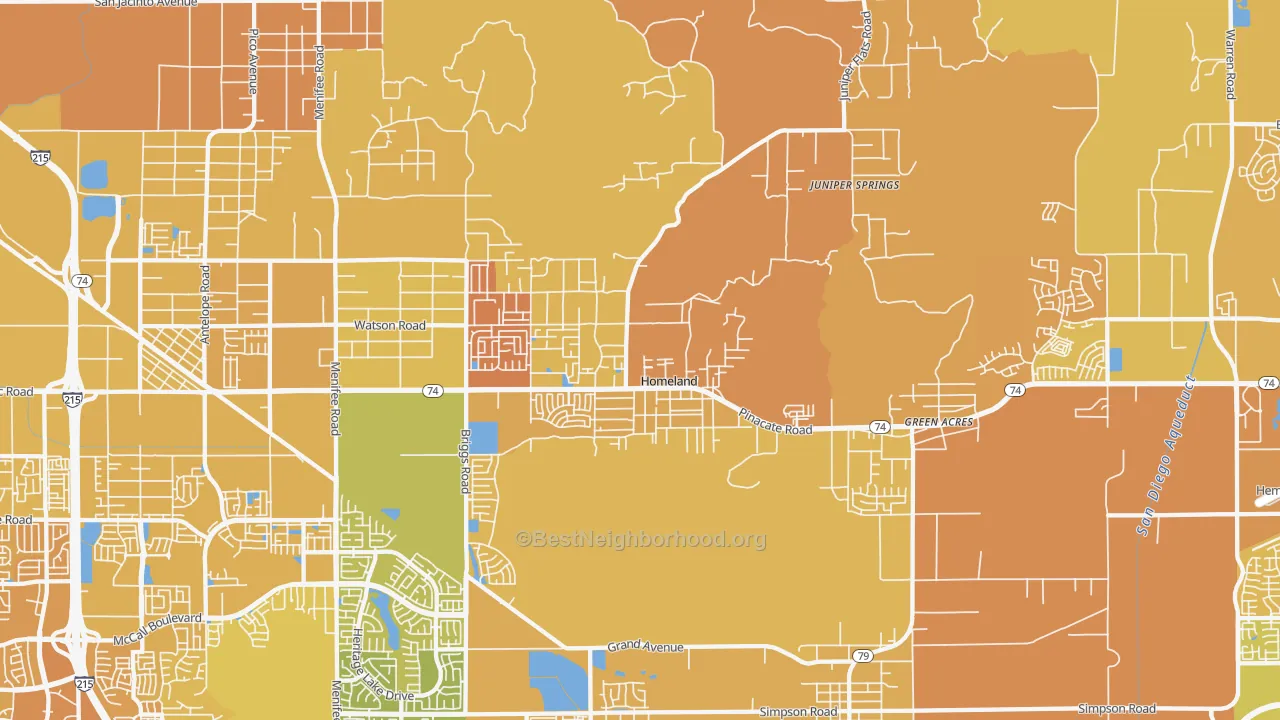Map of the best neighborhoods in the Homeland area, with better matches in green and worse matches in red