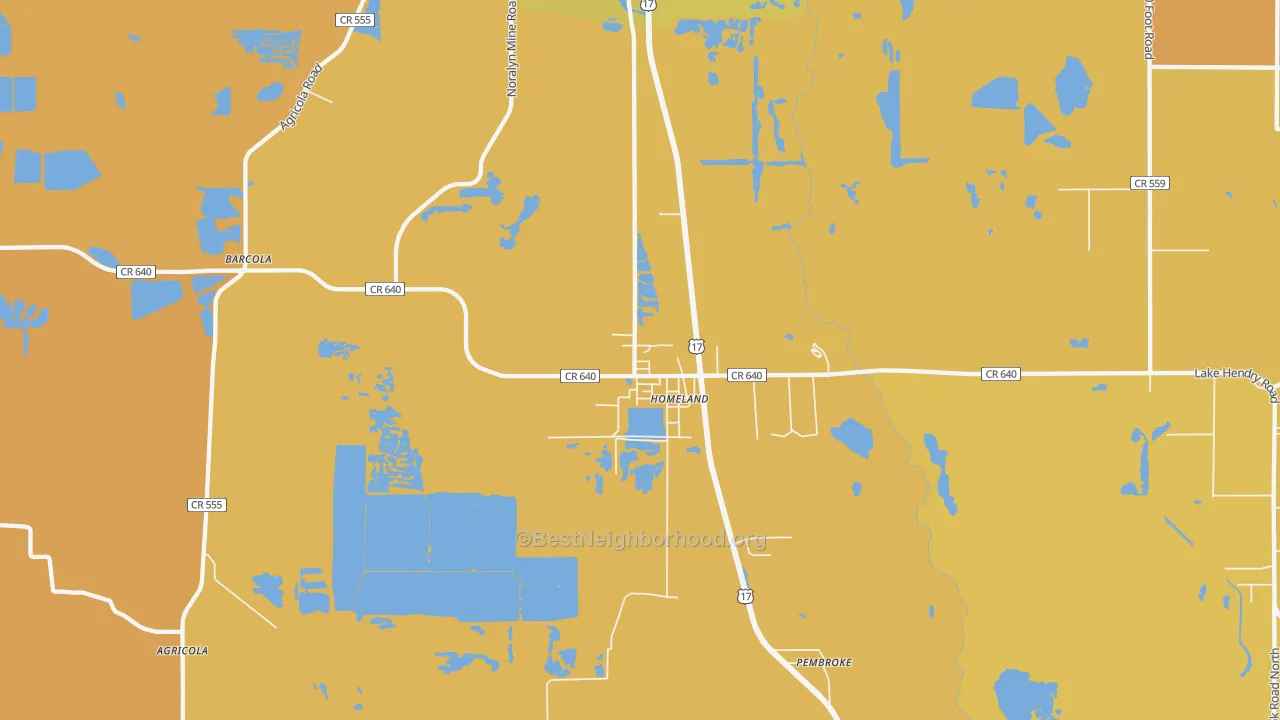 Map of the best neighborhoods in the Homeland area, with better matches in green and worse matches in red