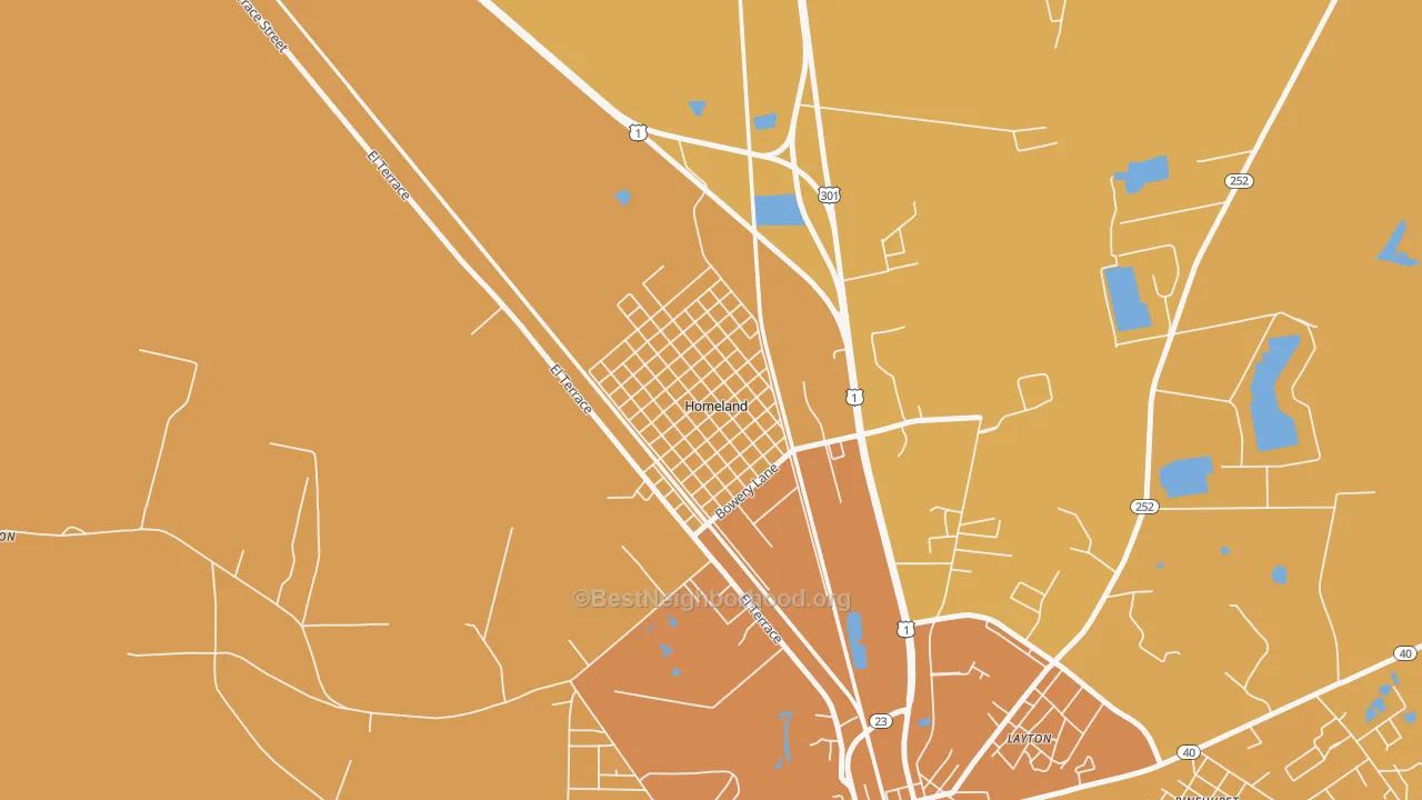 Map of the best neighborhoods in the Homeland area, with better matches in green and worse matches in red