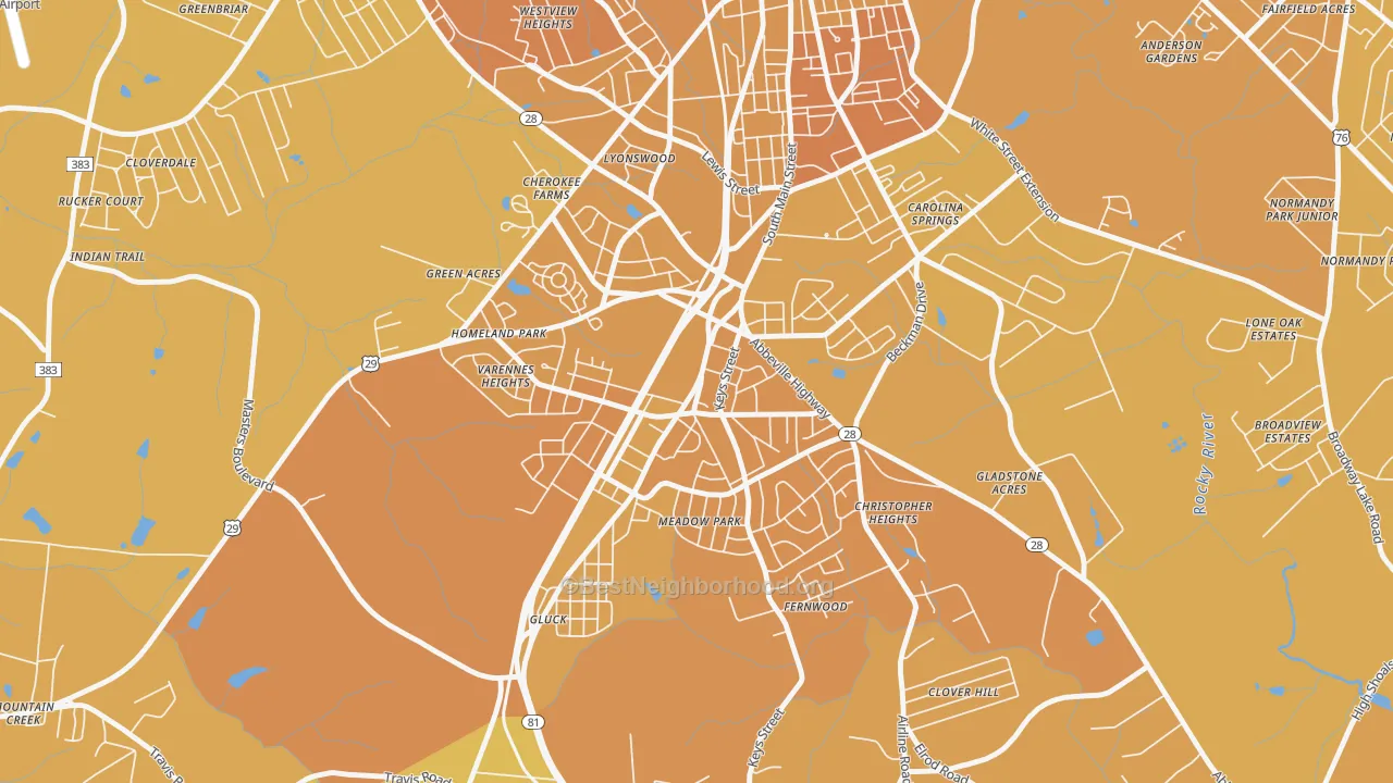 Map of the best neighborhoods in the Homeland Park area, with better matches in green and worse matches in red