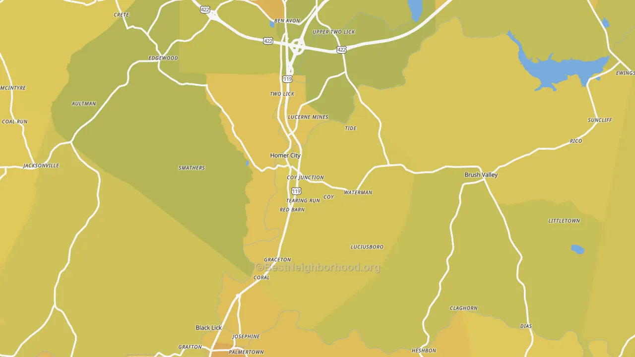 Map of the best neighborhoods in the Homer City area, with better matches in green and worse matches in red