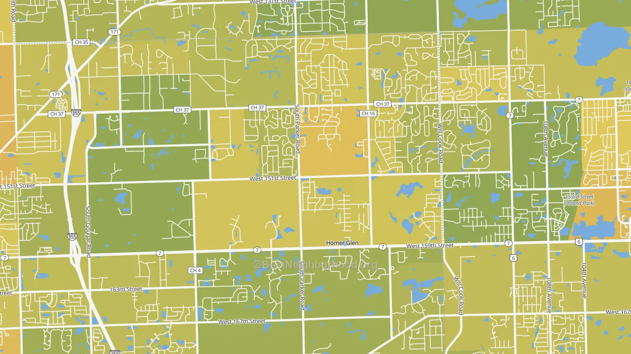 Map of the best neighborhoods in the Homer Glen area, with better matches in green and worse matches in red