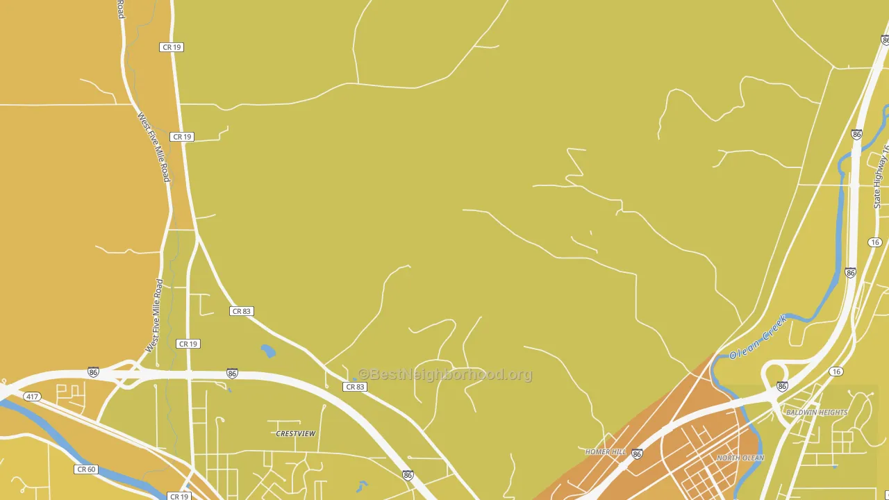 Map of the best neighborhoods in the Homer Hill area, with better matches in green and worse matches in red