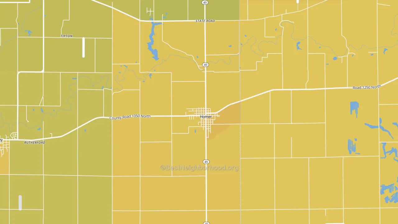 Map of the best neighborhoods in the Homer area, with better matches in green and worse matches in red