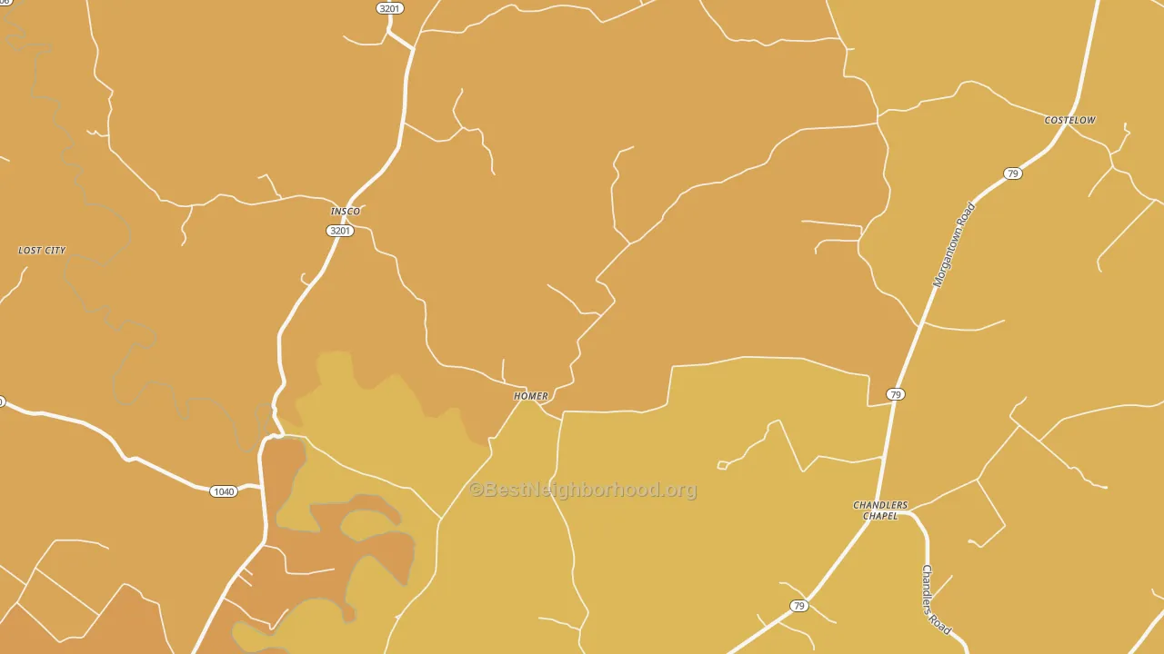 Map of the best neighborhoods in the Homer area, with better matches in green and worse matches in red