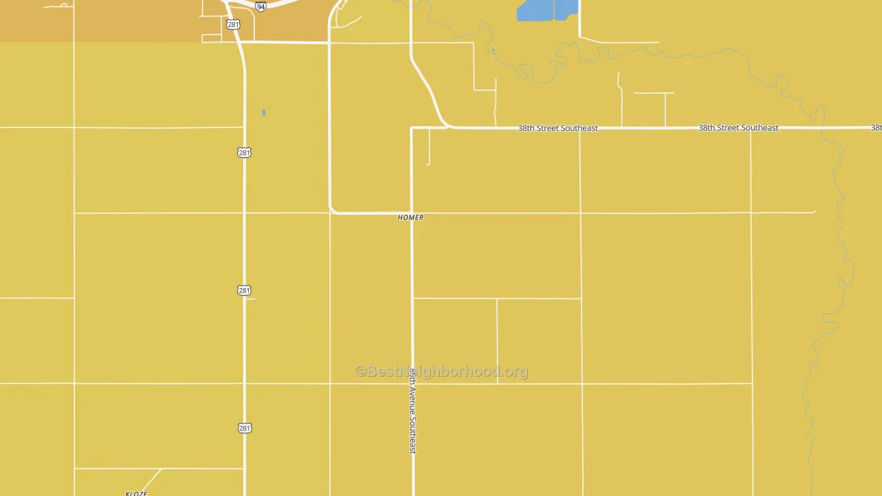 Map of the best neighborhoods in the Homer area, with better matches in green and worse matches in red