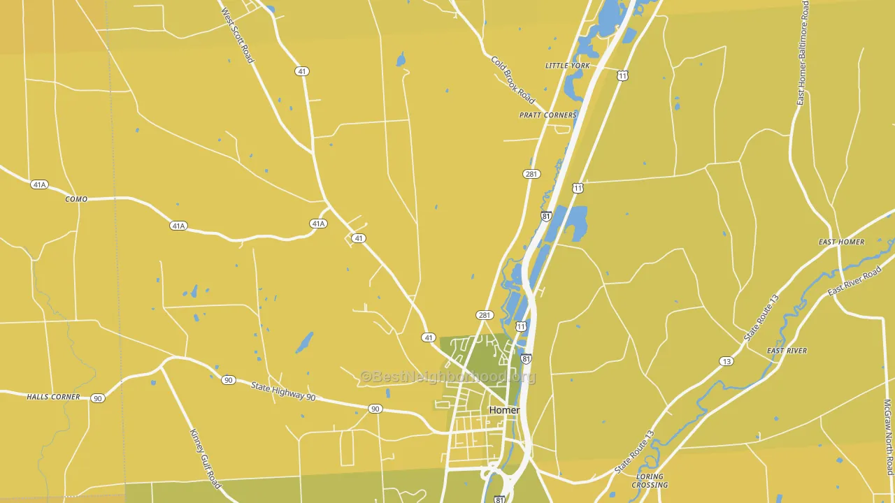 Map of the best neighborhoods in the Homer area, with better matches in green and worse matches in red
