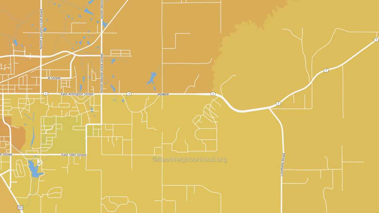 Map of the best neighborhoods in the Homer area, with better matches in green and worse matches in red