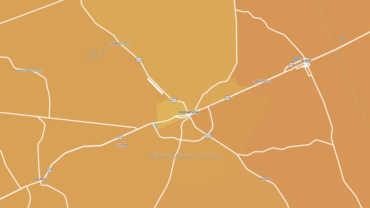 Map of the best neighborhoods in the Homerville area, with better matches in green and worse matches in red