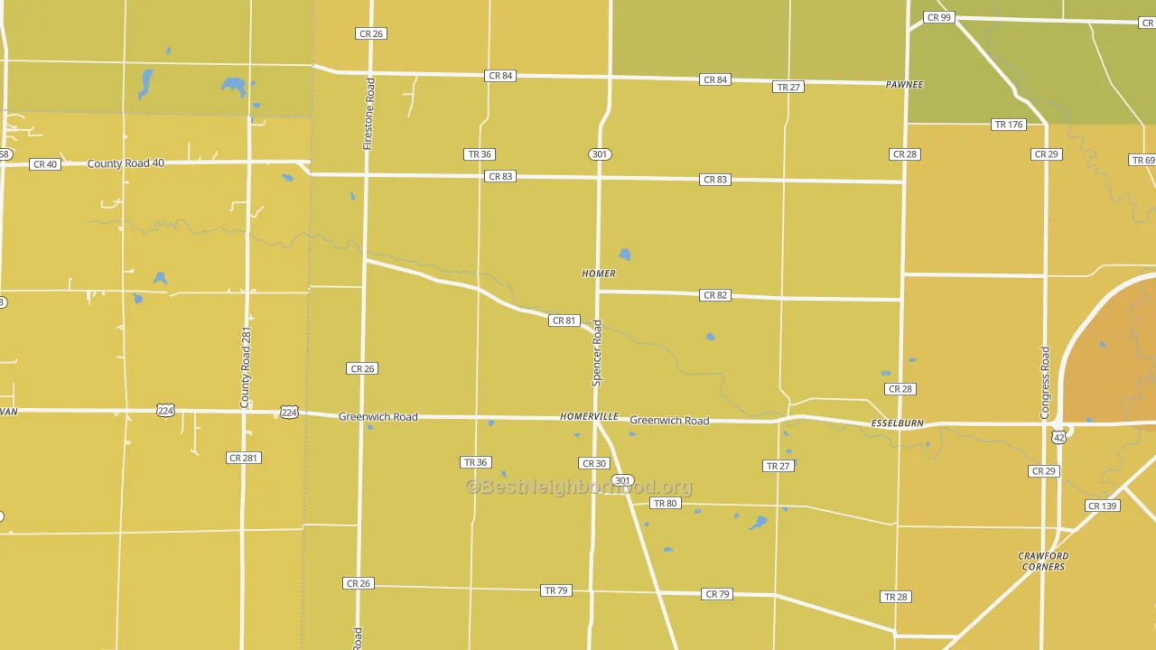 Map of the best neighborhoods in the Homerville area, with better matches in green and worse matches in red