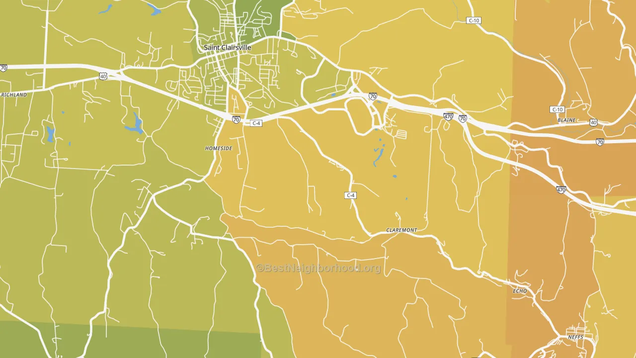 Map of the best neighborhoods in the Homeside area, with better matches in green and worse matches in red