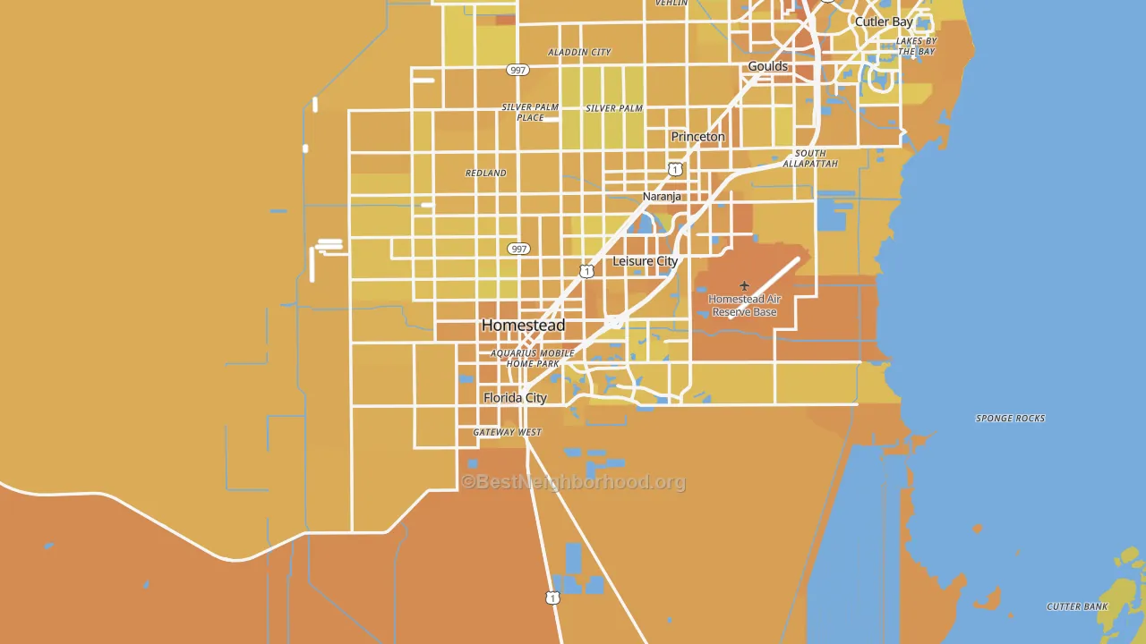 Map of the best neighborhoods in the Homestead area, with better matches in green and worse matches in red