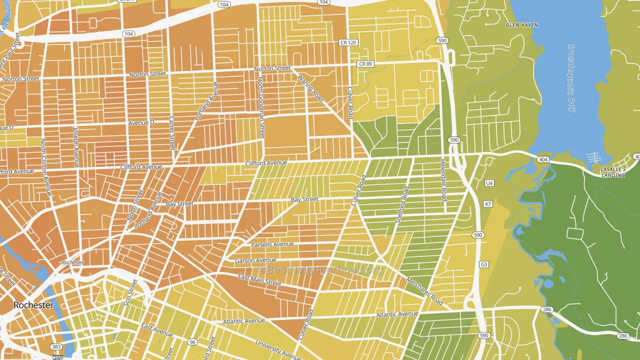 Map of the best neighborhoods in the Homestead Heights, Rochester area, with better matches in green and worse matches in red