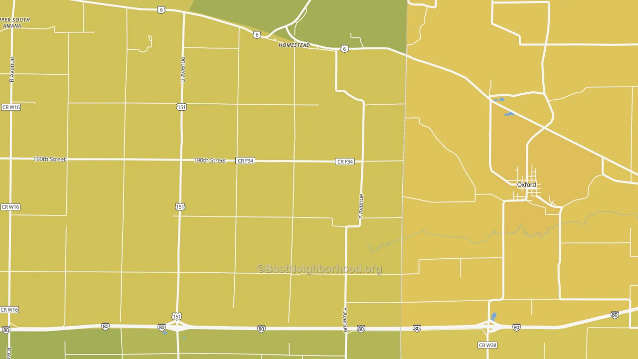 Map of the best neighborhoods in the Homestead area, with better matches in green and worse matches in red