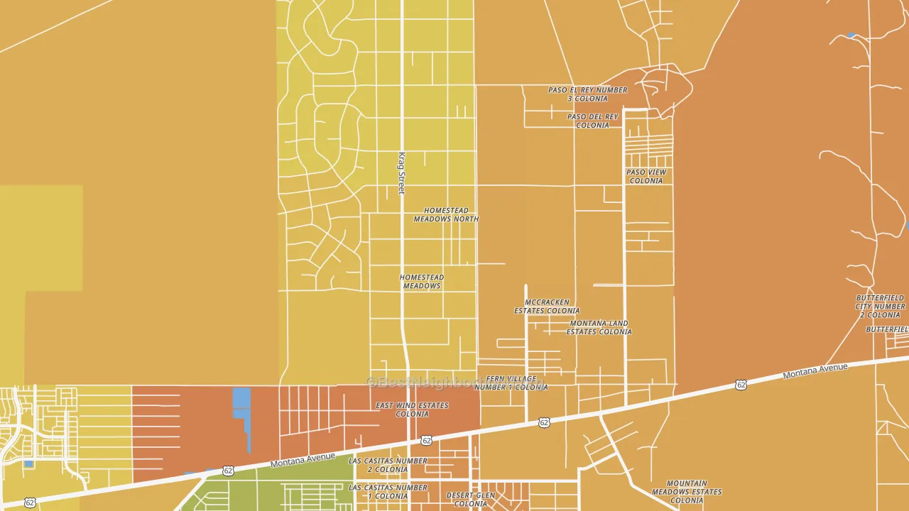 Map of the best neighborhoods in the Homestead Meadows North area, with better matches in green and worse matches in red