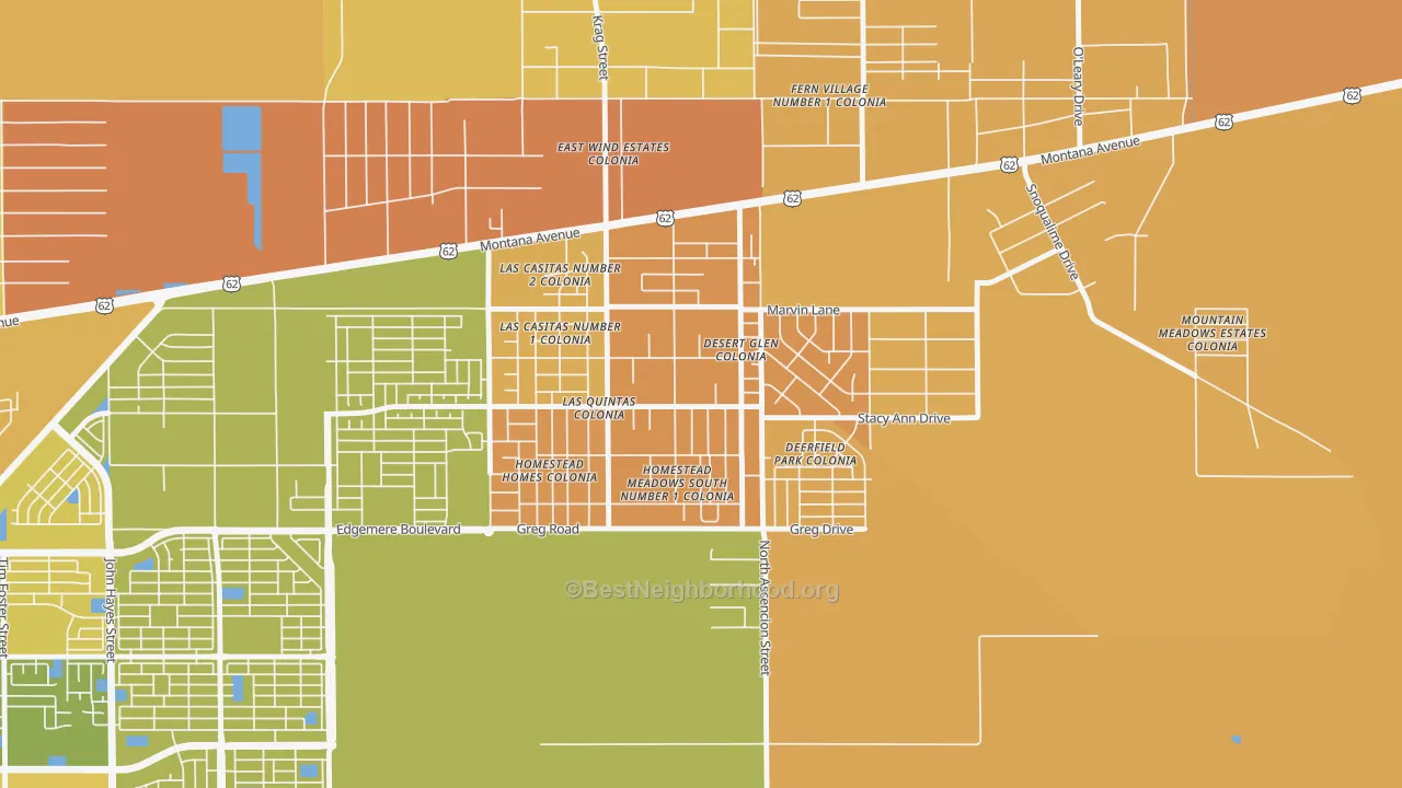 Map of the best neighborhoods in the Homestead Meadows South area, with better matches in green and worse matches in red