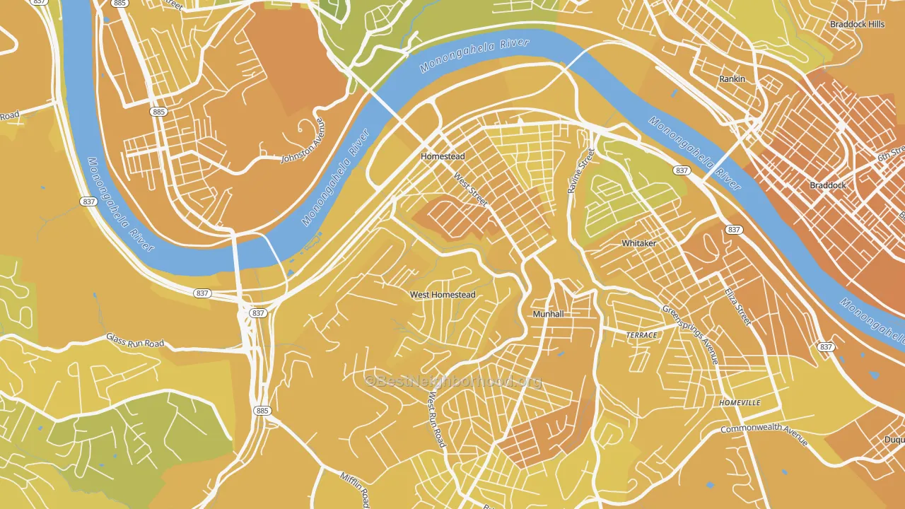 Map of the best neighborhoods in the Homestead area, with better matches in green and worse matches in red