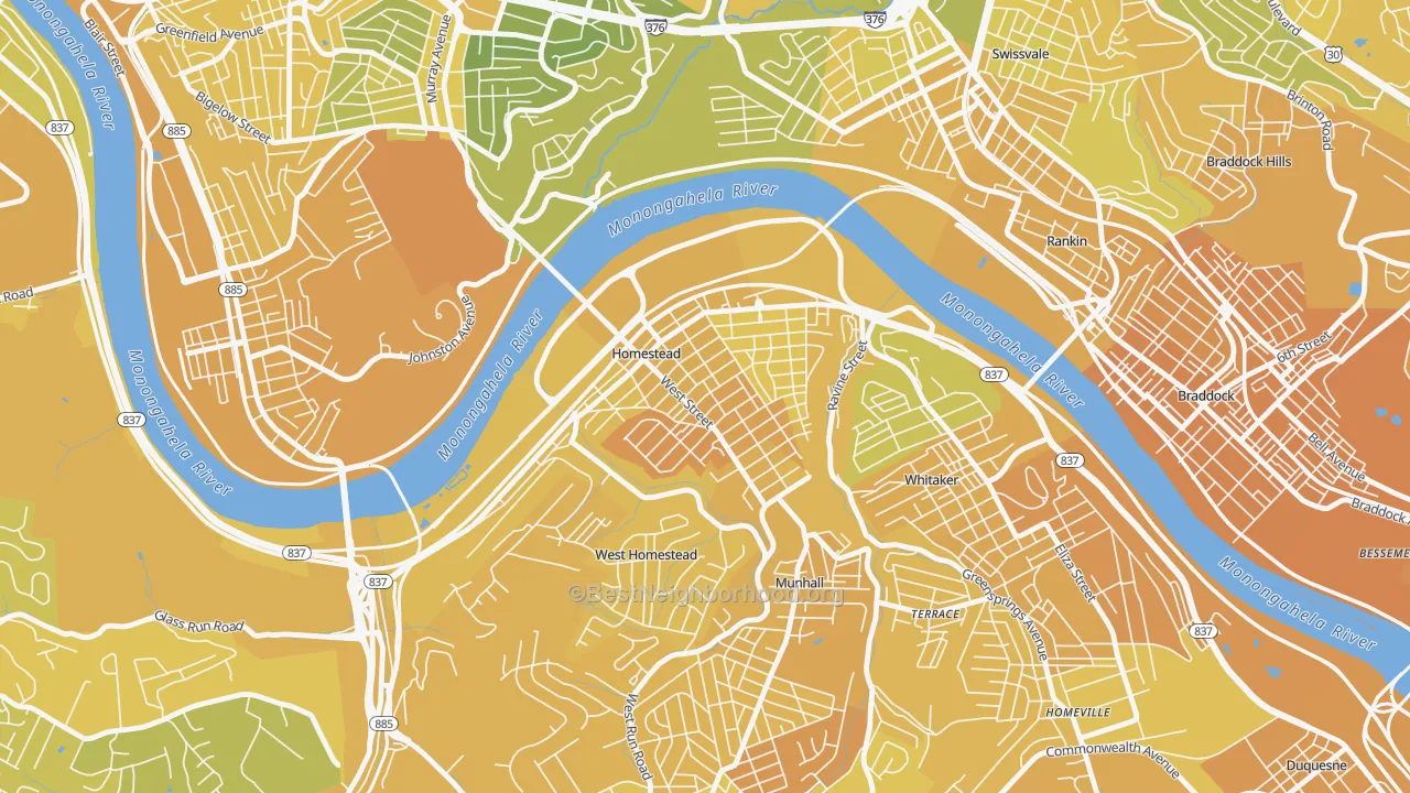 Map of the best neighborhoods in the Homestead Park, Homestead area, with better matches in green and worse matches in red