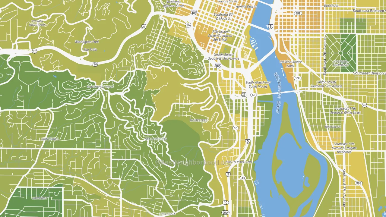 Map of the best neighborhoods in the Homestead, Portland area, with better matches in green and worse matches in red