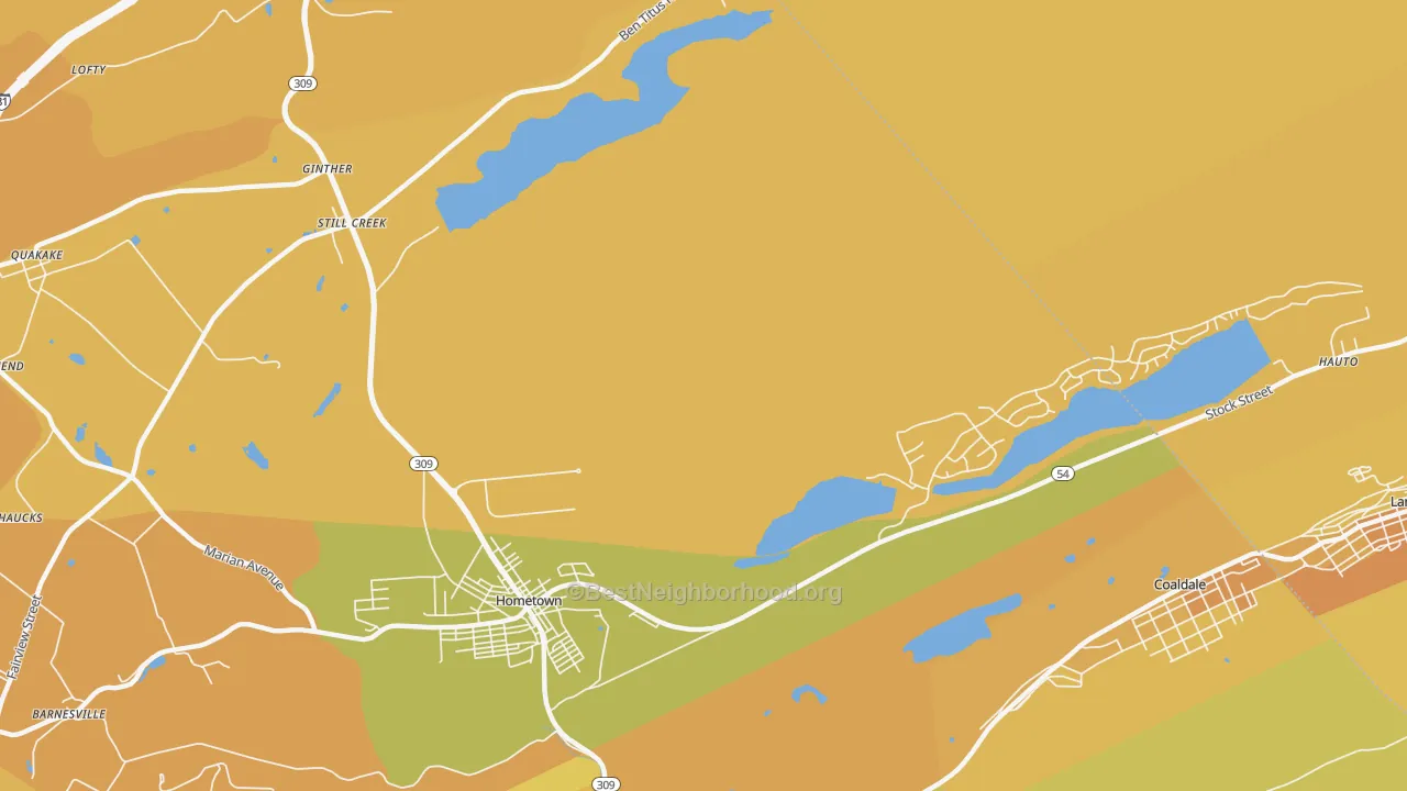 Map of the best neighborhoods in the Hometown area, with better matches in green and worse matches in red