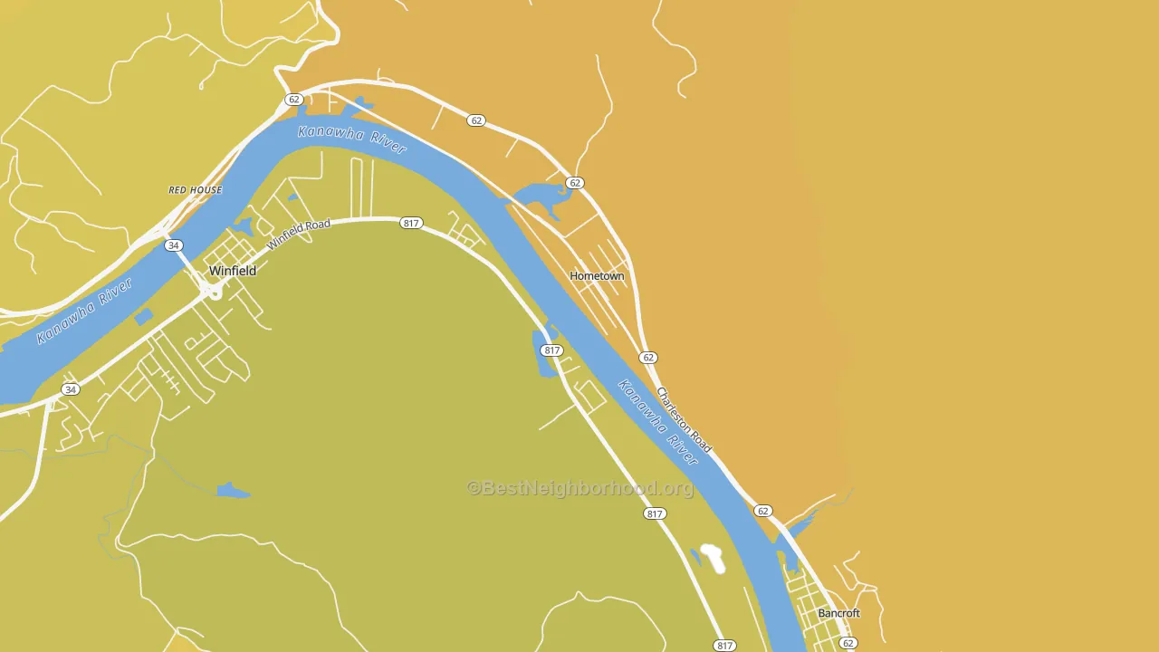 Map of the best neighborhoods in the Hometown area, with better matches in green and worse matches in red