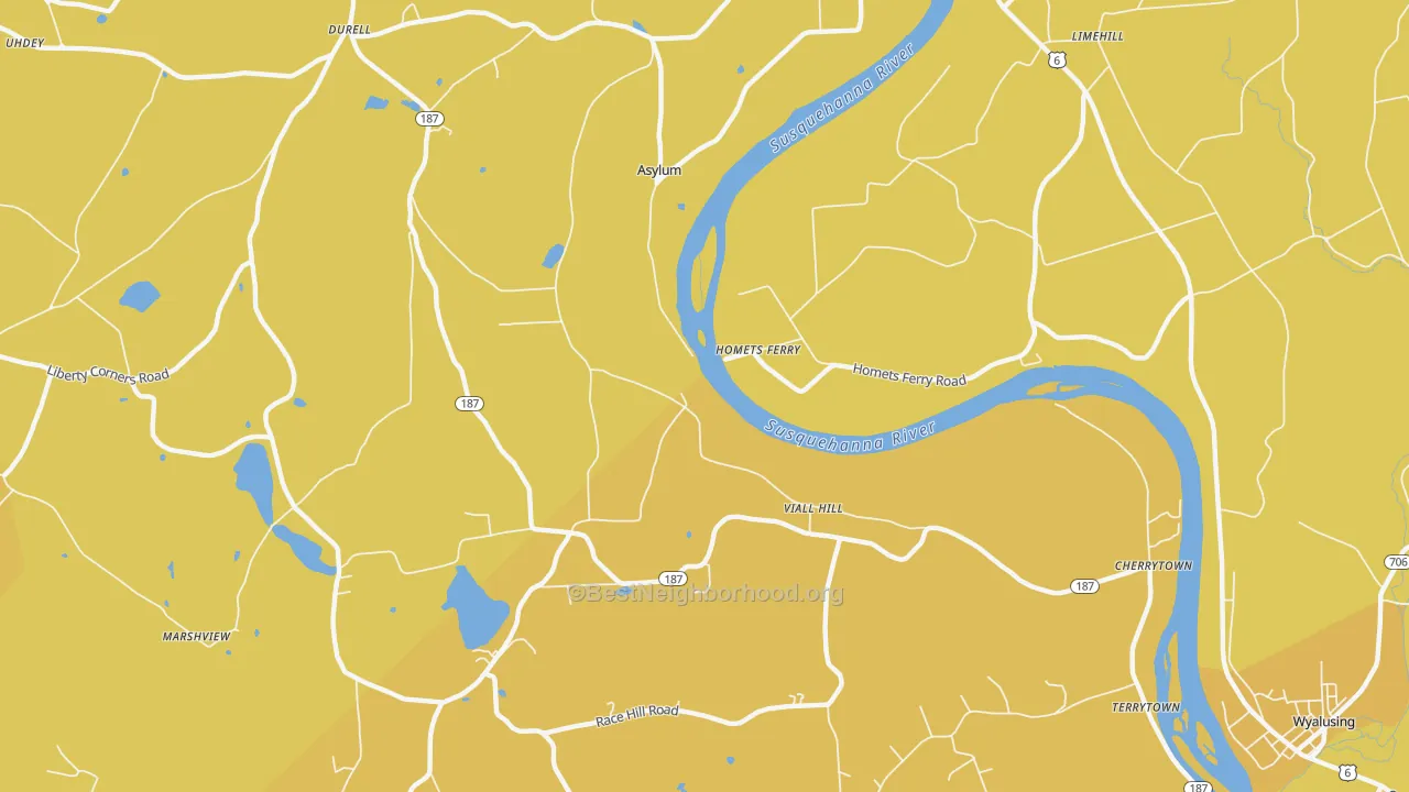 Map of the best neighborhoods in the Homets Ferry area, with better matches in green and worse matches in red