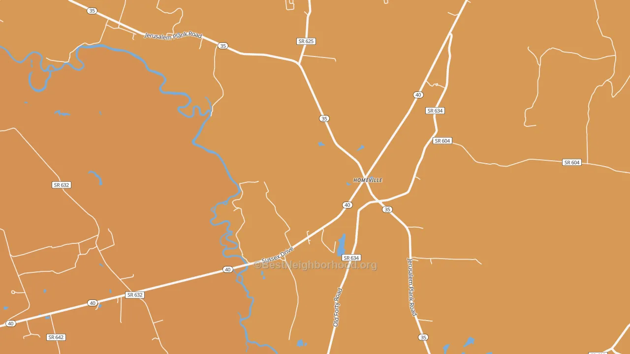 Map of the best neighborhoods in the Homeville area, with better matches in green and worse matches in red