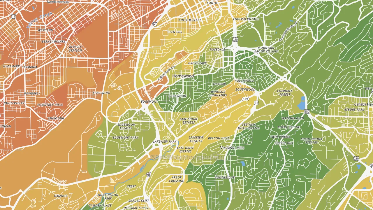 Map of the best neighborhoods in the Homewood area, with better matches in green and worse matches in red