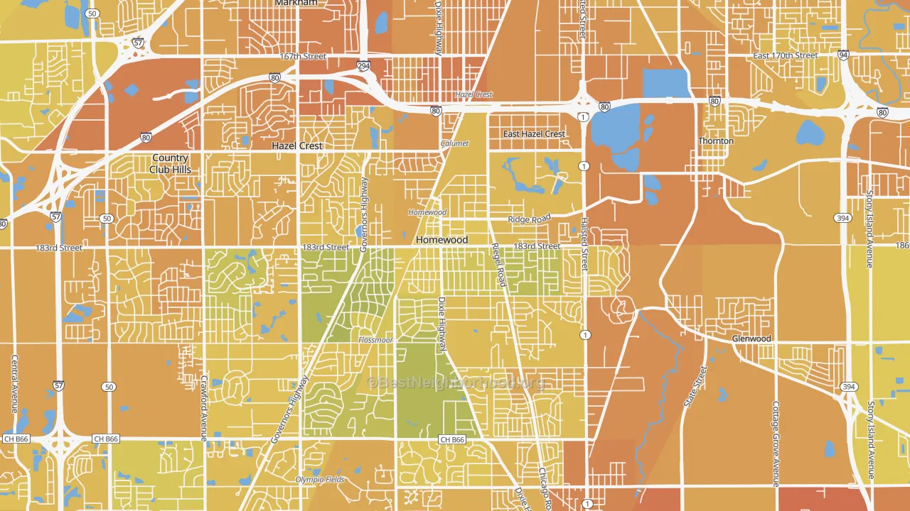 Map of the best neighborhoods in the Homewood area, with better matches in green and worse matches in red