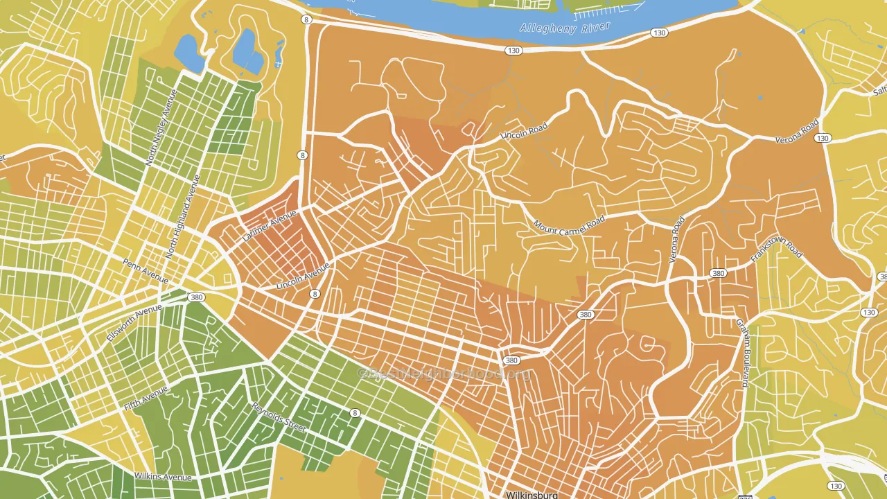 Map of the best neighborhoods in the Homewood North, Pittsburgh area, with better matches in green and worse matches in red