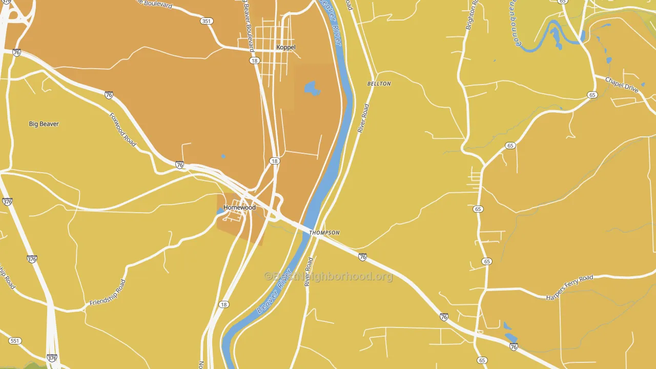 Map of the best neighborhoods in the Homewood area, with better matches in green and worse matches in red