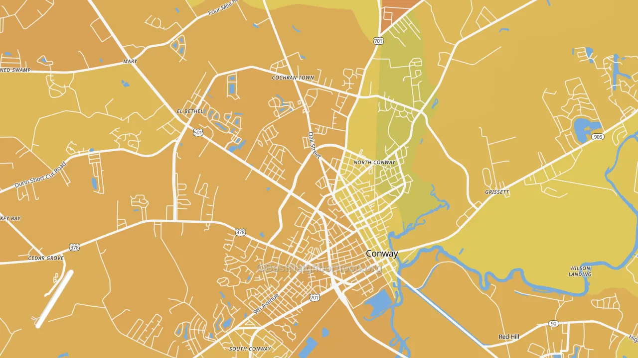 Map of the best neighborhoods in the Homewood area, with better matches in green and worse matches in red