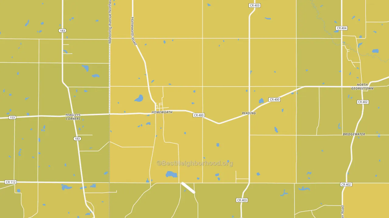 Map of the best neighborhoods in the Homeworth area, with better matches in green and worse matches in red