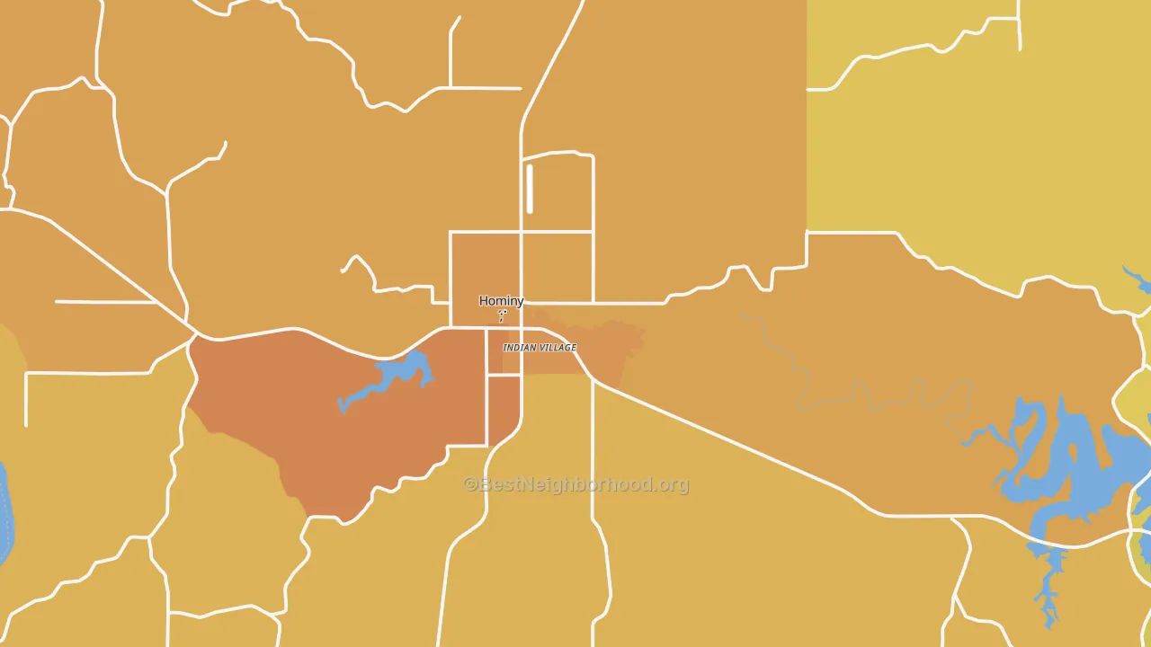 Map of the best neighborhoods in the Hominy area, with better matches in green and worse matches in red