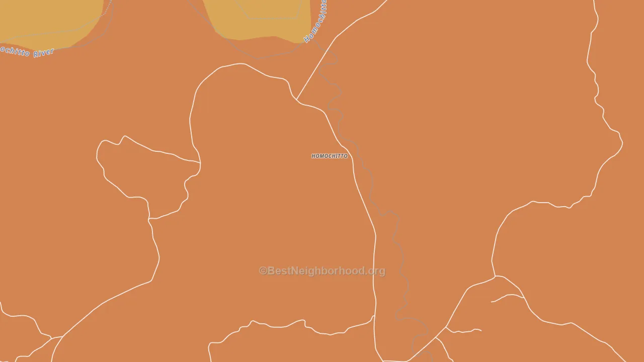 Map of the best neighborhoods in the Homochitto area, with better matches in green and worse matches in red