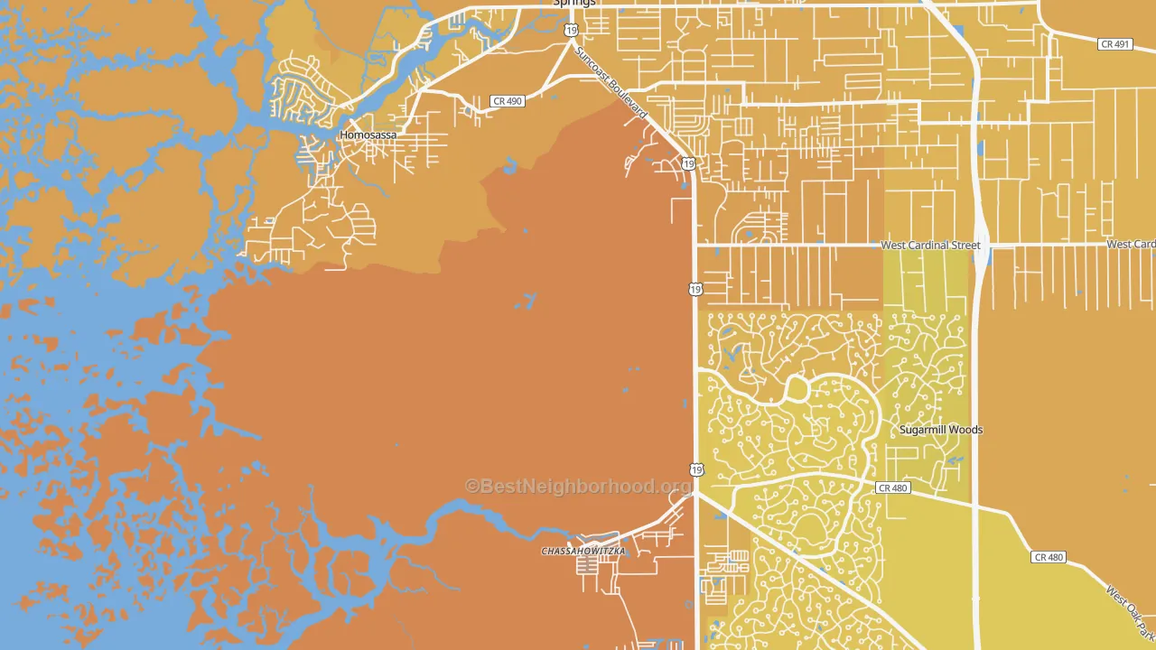 Map of the best neighborhoods in the Homosassa area, with better matches in green and worse matches in red