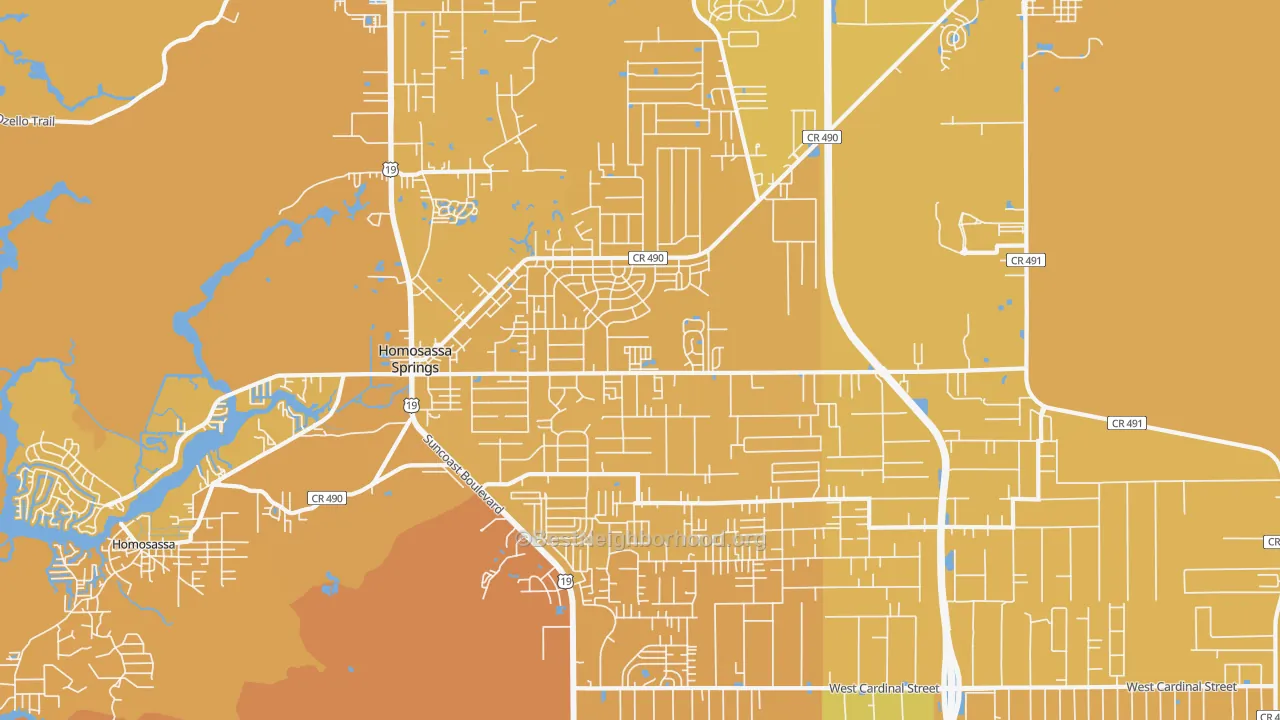 Map of the best neighborhoods in the Homosassa Springs Metro area, with better matches in green and worse matches in red