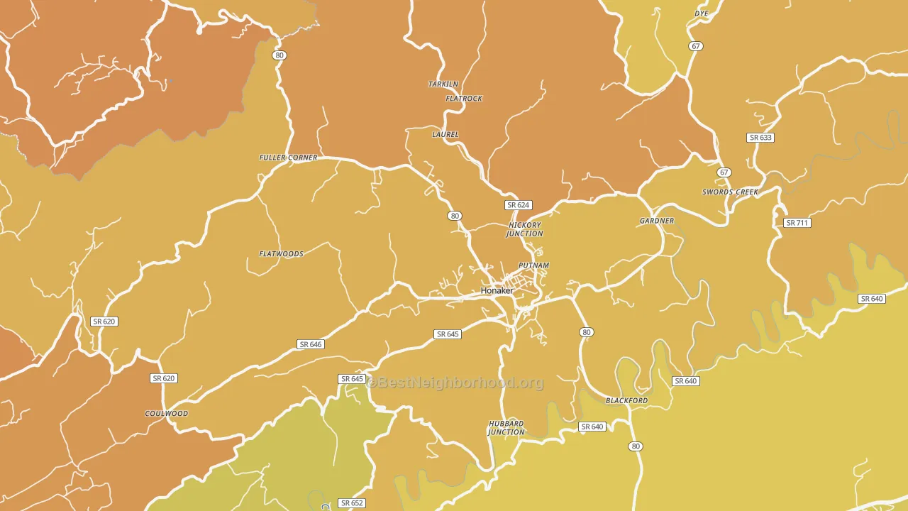 Map of the best neighborhoods in the Honaker area, with better matches in green and worse matches in red
