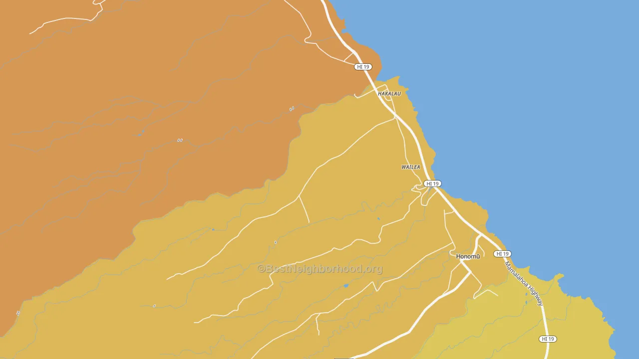 Map of the best neighborhoods in the Honaunau area, with better matches in green and worse matches in red