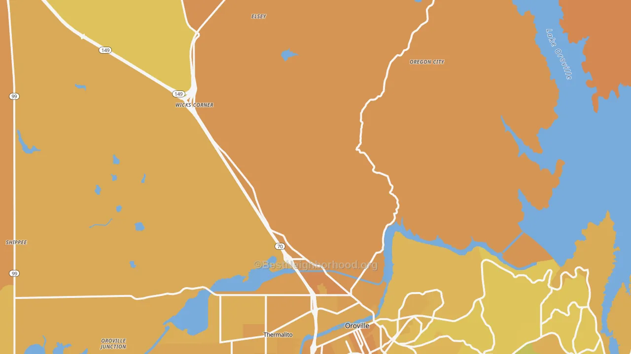 Map of the best neighborhoods in the Honcut area, with better matches in green and worse matches in red