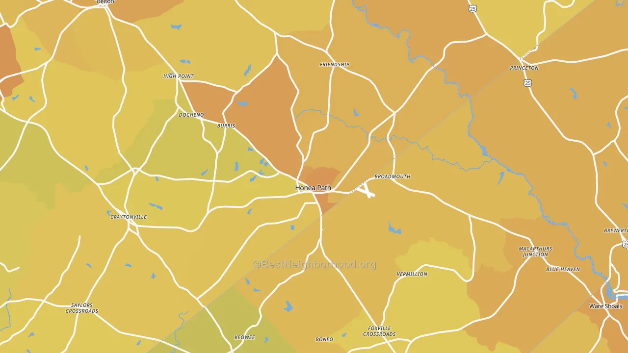 Map of the best neighborhoods in the Honea Path area, with better matches in green and worse matches in red