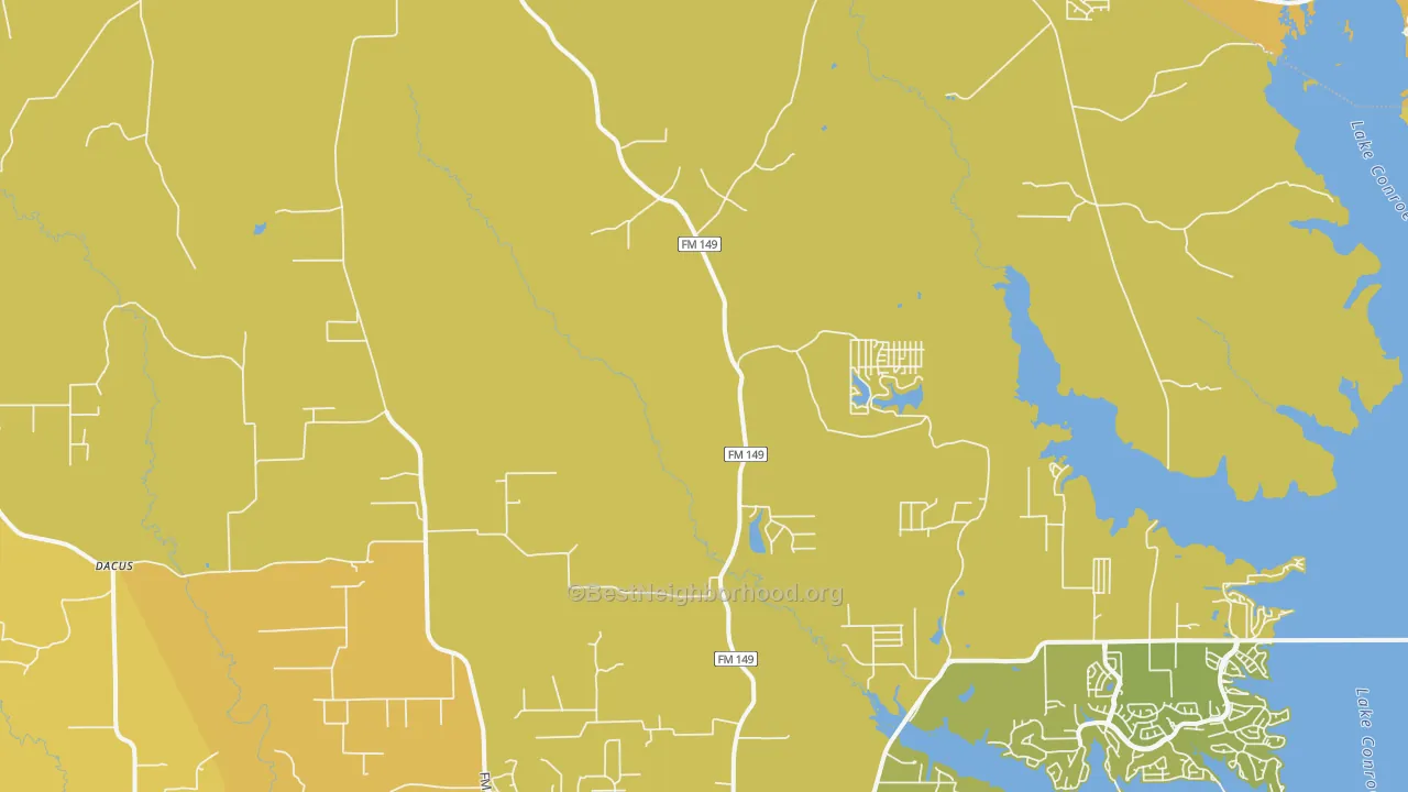 Map of the best neighborhoods in the Honea area, with better matches in green and worse matches in red