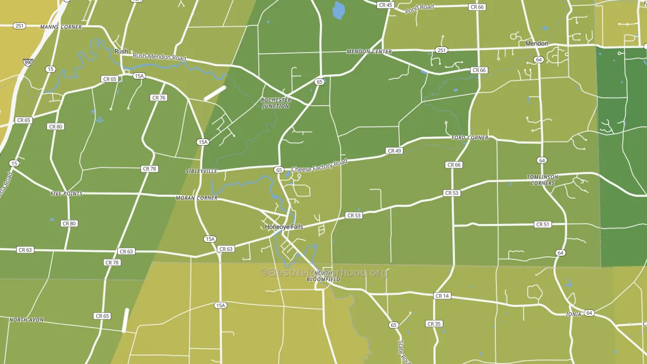 Map of the best neighborhoods in the Honeoye Falls area, with better matches in green and worse matches in red
