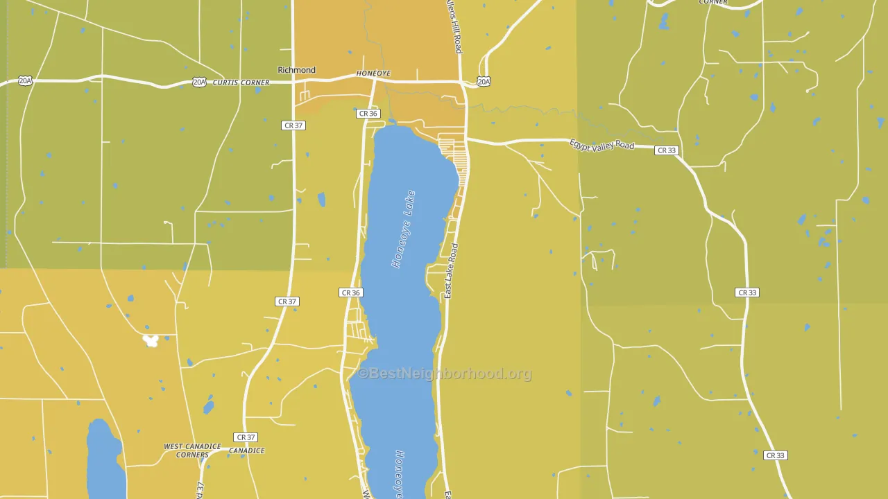 Map of the best neighborhoods in the Honeoye area, with better matches in green and worse matches in red