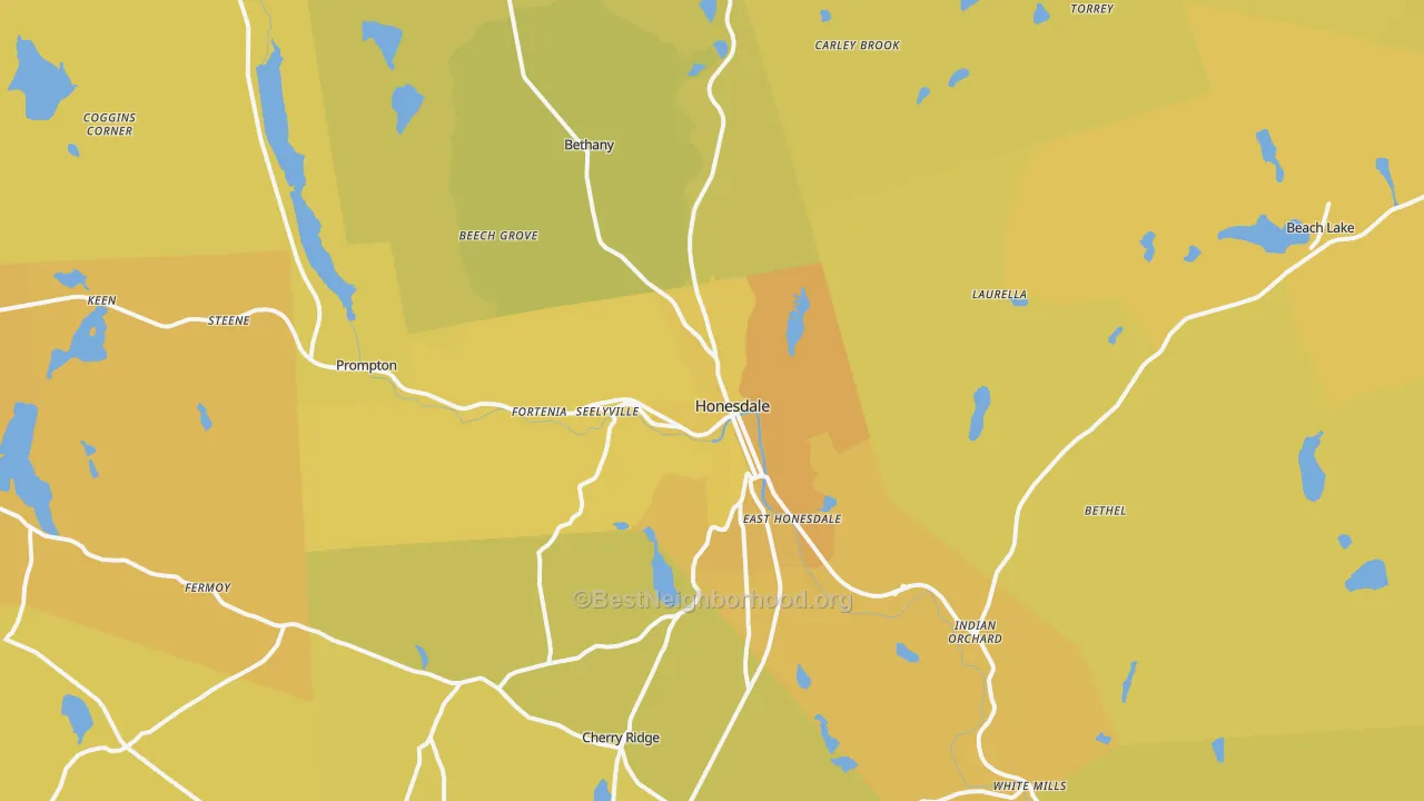 Map of the best neighborhoods in the Honesdale area, with better matches in green and worse matches in red